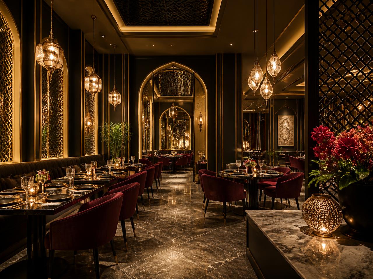 Elegant black and gold dining room at Dosa Plaza